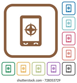 Mobile compass simple icons in color rounded square frames on white background