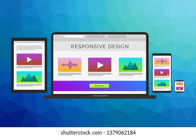 Mobile Compatibility concept. Responsive web site design concept with flat electronic devices: laptop computer, tablet, mobile phone and smart