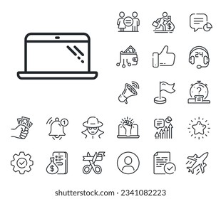 Mobile computer device sign. Salaryman, gender equality and alert bell outline icons. Laptop line icon. Laptop line sign. Spy or profile placeholder icon. Online support, strike. Vector