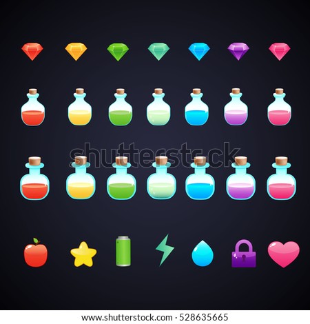 Mobile and computer game assets, gems, stones, diamonds, bottle, heart, water drop, star, lock, apple. Vector illustration.