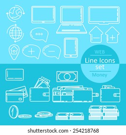 Mobile, computer, money, finance, banking icons. Vector line icons set.