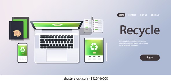 mobile computer recycle application recycling concept top angle view desktop laptop smartphone tablet screen organizer office stuff horizontal copy space
