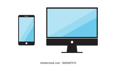 Mobile and computer simple icon on white background. Black Vector icon set of smartphone and computer. Flat icons of mobile and computer