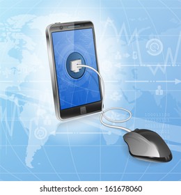 Mobile Computing Concept - Mouse Connected to Smartphone, vector illustration