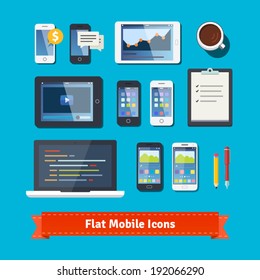 Mobile computing and development flat icons set. Modern laptop, tablets and phones. EPS10 vector.