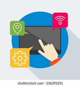 Mobile concept. Hand of the person with mobile device in flat design style