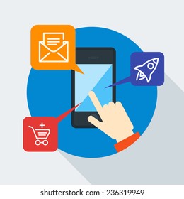 Mobile concept. Hand of the person with mobile device in flat design style