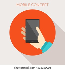Mobile concept. Hand of the person with mobile device in flat design style