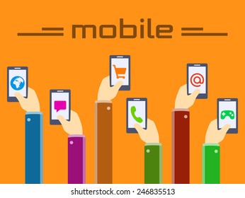 Mobile concept, hands and smartphones in flat style