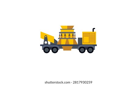Mobile cone crusher vehicle flat vector illustration for mining, quarry, and construction industry. Heavy industrial crushing equipment isolated on white background. Perfect for engineering, industrial, transportation, machinery, and infrastructure design projects.