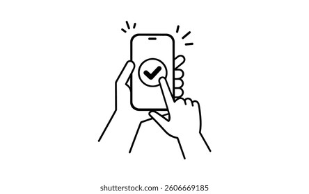 Mobile Confirmation Line Icon - Hand Touching Smartphone with Check Mark, Digital Approval, Vector