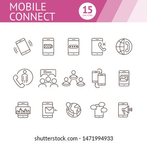 Mobile connect icons. Set of line icons. Phone battery, mobile map, promo action. Mobile phones concept. Vector illustration can be used for topics like communication, technology, connection