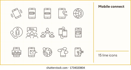 Iconos de conexión móvil. Juego de iconos de línea. Batería de teléfono, mapa móvil, acción promocional. Concepto de teléfonos móviles. La ilustración vectorial puede utilizarse para temas como comunicación, tecnología, conexión