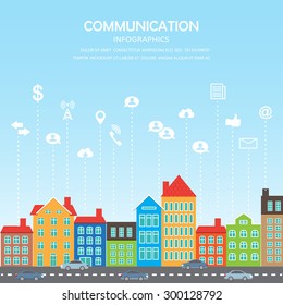 mobile connection in the city life infographics element and background. social media icon. can be used for business data, web design, brochure template, advertising. vector illustration