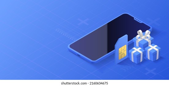 Mobile connection concept. Mobile store sales with gifts. SIM card promotion isometric background. Vector illustration.