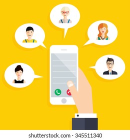 Mobile connection infographics element. Social Network Vector Concept. Hand holding smart phone.  Flat design style modern vector illustration concept.