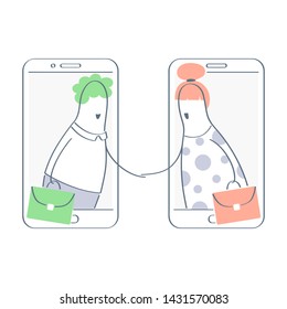 Mobile connection, online electronic dealing and cooperation. Two cartoon characters male and female partners handshaking from the screens of different smartphones, closing a deal, making an agreement