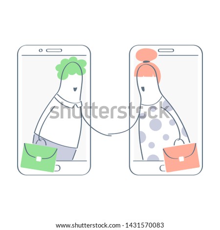 Mobile connection, online electronic dealing and cooperation. Two cartoon characters male and female partners handshaking from the screens of different smartphones, closing a deal, making an agreement