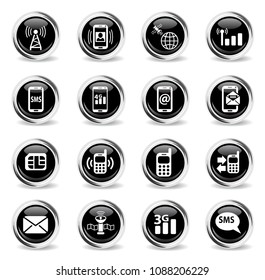 mobile connection web icons - black round chrome buttons