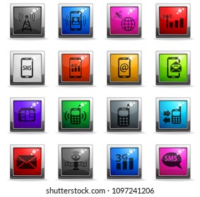 mobile connection web icons in square colored buttons for user interface design