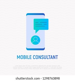 Mobile consultant flat gradient icon: chat with support on screen of smartphone. Modern vector illustration.