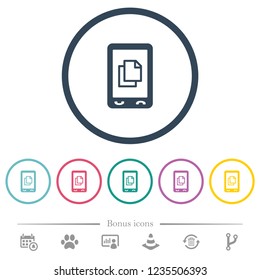 Mobile contact flat color icons in round outlines. 6 bonus icons included.