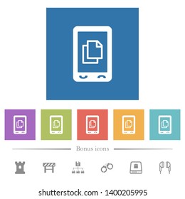 Mobile contact flat white icons in square backgrounds. 6 bonus icons included.