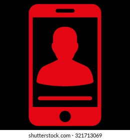 Mobile Contact vector icon. Style is flat symbol, red color, rounded angles, black background.