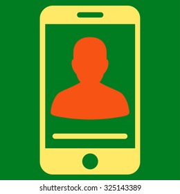 Mobile Contact vector icon. Style is bicolor flat symbol, orange and yellow colors, rounded angles, green background.