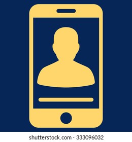 Mobile Contact vector icon. Style is flat symbol, yellow color, rounded angles, blue background.