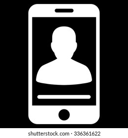 Mobile Contact vector icon. Style is flat symbol, white color, rounded angles, black background.