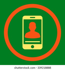 Mobile Contact vector icon. Style is bicolor flat rounded symbol, orange and yellow colors, rounded angles, green background.