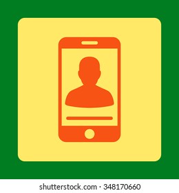 Mobile Contact vector icon. Style is flat rounded square button, orange and yellow colors, green background.