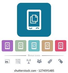Mobile contact white flat icons on color rounded square backgrounds. 6 bonus icons included