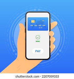 Mobile contactless payment. Credit card on the phone screen. Vector illustration.