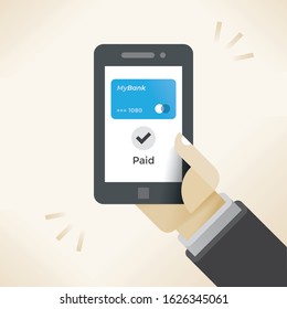 Mobile contactless payment and digital wallet service application smartphone screen and Paid text successful transaction completed. Concept: innovations, purchases, Apple, Samsung, Google Pay shopping