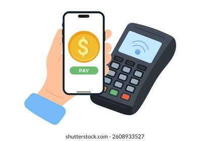 Mobile contactless payment flat vector illustration with smartphone and POS terminal, perfect for fintech presentations, banking apps, digital wallets, e-commerce UI design

