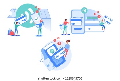 Mobile contactless payment for online order set. People shopper using wireless technology to pay for goods services. Pos terminal confirm, nfc money transfer via smartphone app. E-commerce, shopping