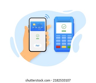 Mobile contactless payment with a terminal. Credit card on the phone screen. Vector illustration.