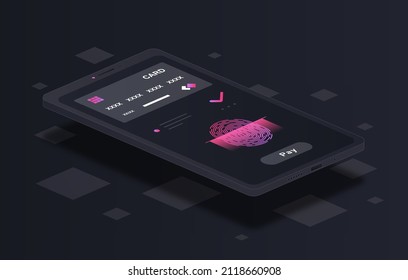 Mobile contactless payments abstract concept. Cashless payment using smartphone and digital bank card. Getting access to money using fingerprint. Biometric data. Cartoon isometric vector illustration