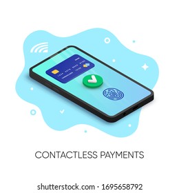 Mobile contactless payments banner isometric design. 3d Pay online concept with credit card, green yes check mark and fingerprint on smartphone screen. Vector illustration for web, app, advert