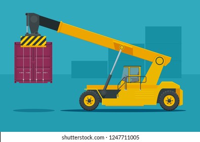 Mobile Container Handler In Action At A Container Terminal. Crane Lifts Container Handler Isolated Vector Illustration