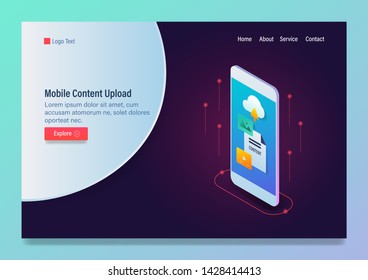 Mobile content, Content app, Content uploading, Cloud content - vector template landing page with icons and texts