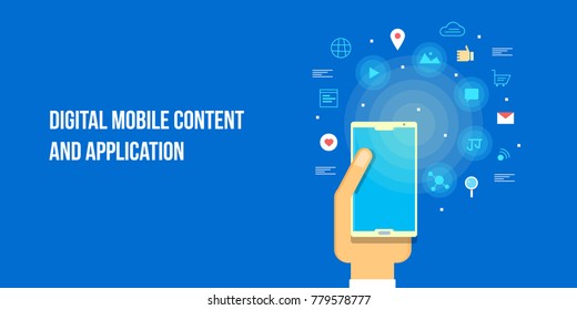 Mobile Content and Application, Hand holding mobile phone with icons flat vector banner illustration