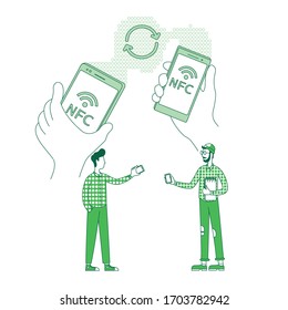 Mobile content, data exchange thin line concept vector illustration. People holding cellphones 2D cartoon character for web design. Information transfer, file sending creative idea