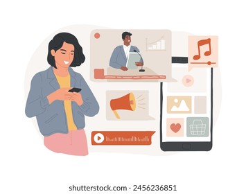 Mobile content isolated concept vector illustration. Online news notification, live stream, content creation and management, rss feed, mobile marketing, in-app advertising vector concept.