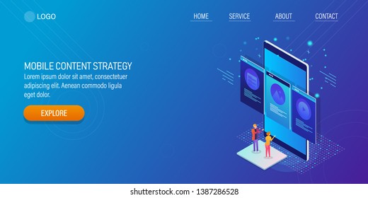 Mobile content, Mobile marketing strategy, Digital media for mobile, flat design vector banner, 3D, isometric concept