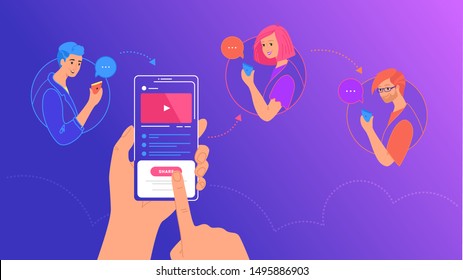 Mobile content sharing to friends concept vector illustration of young people using mobile smartphone to share posts in social media. Flat human hand holds smart phone and reposting video to friends