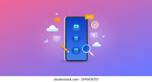 Mobile content strategy, content marketing, mobile marketing, application, digital communication, social media, email - conceptual vector illustration with icons