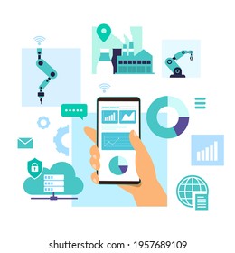 Mobile control, Data analysis, and Assembly process in smart factory concept. Isolated Flat Vector illustration